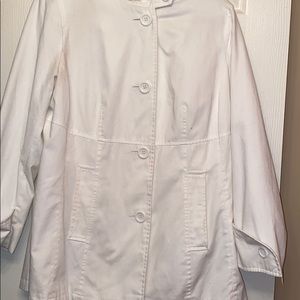 White, lightweight jacket with hood.